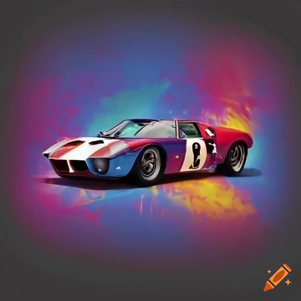 Ford GT40 with colorful splashy background in an illustrated style
