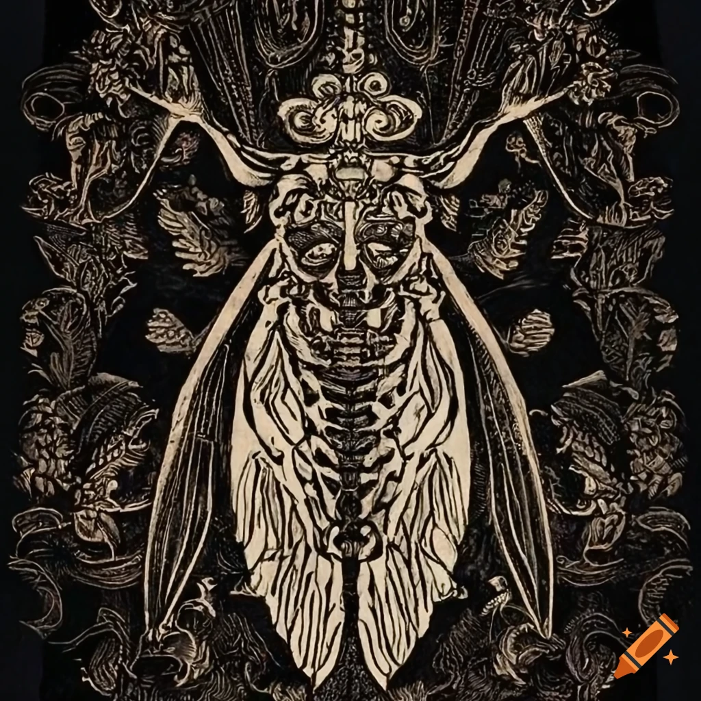 Whimsical Cicada hanging on dark backdrop with 15th-century German printmaking style