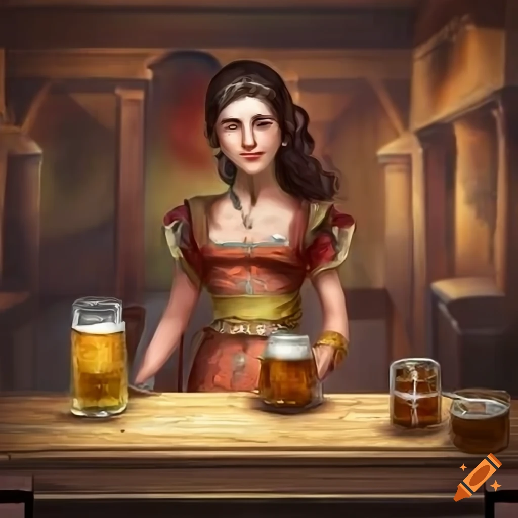 Smiling waitress serving beer in an ancient Persian fantasy tavern