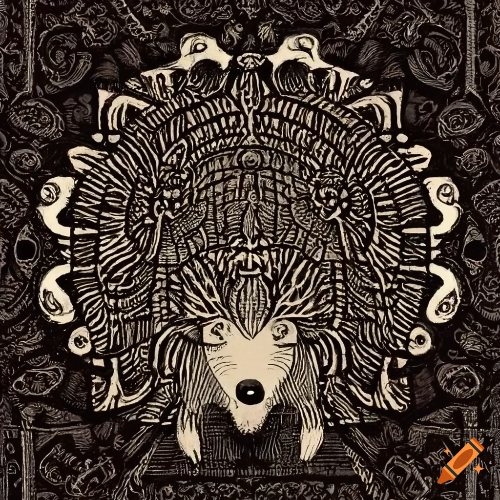 Whimsical hedgehog in 15th-century German printmaking style against dark backdrop