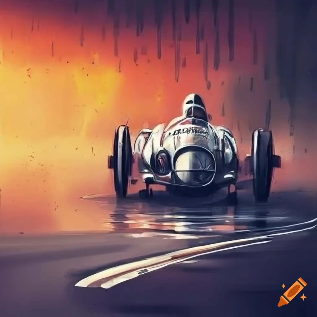 Vintage Mercedes Silver Arrow in a Grand Prix racing scene with winding road and spectators under rain shower at sundown