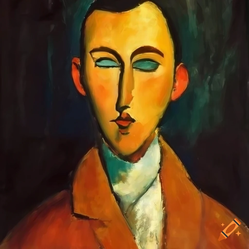 Portrait of a young man with elongated features and vibrant colors on ...