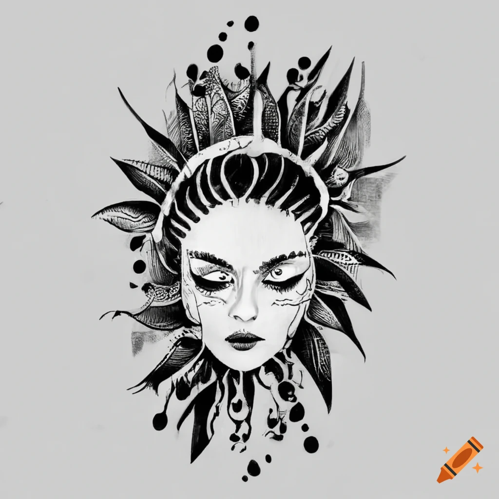 Boho tattoo stencil in black on white