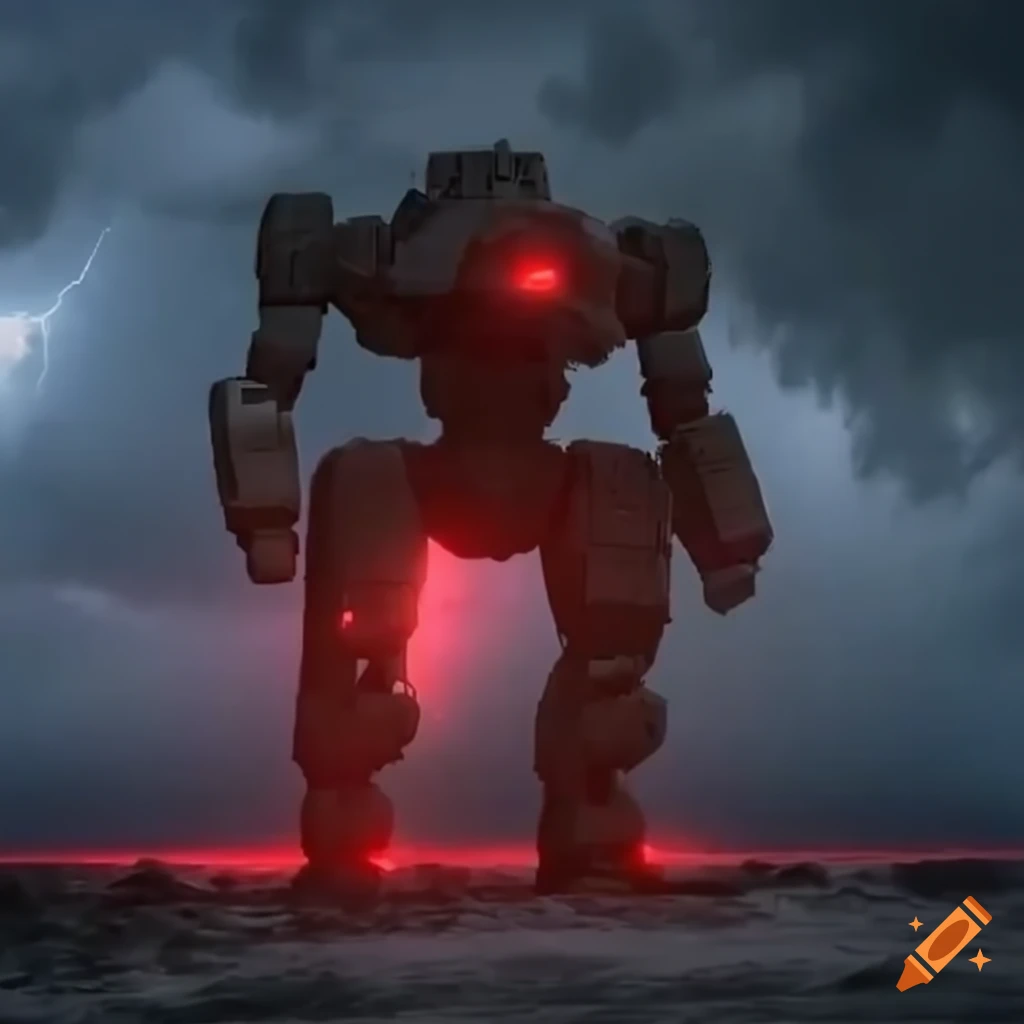 Giant mech with glowing red eye in stormy weather under dark clouds and lightning