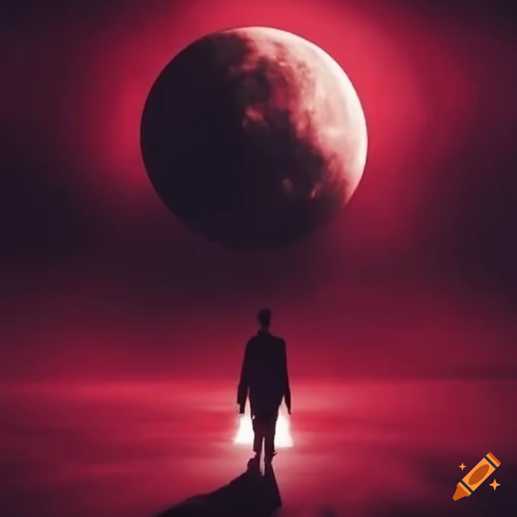 Death conversing with a man under a crimson lunar backdrop