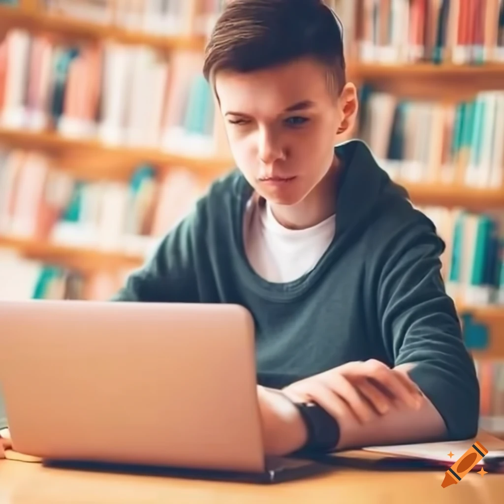 Focused student studying on laptop in library