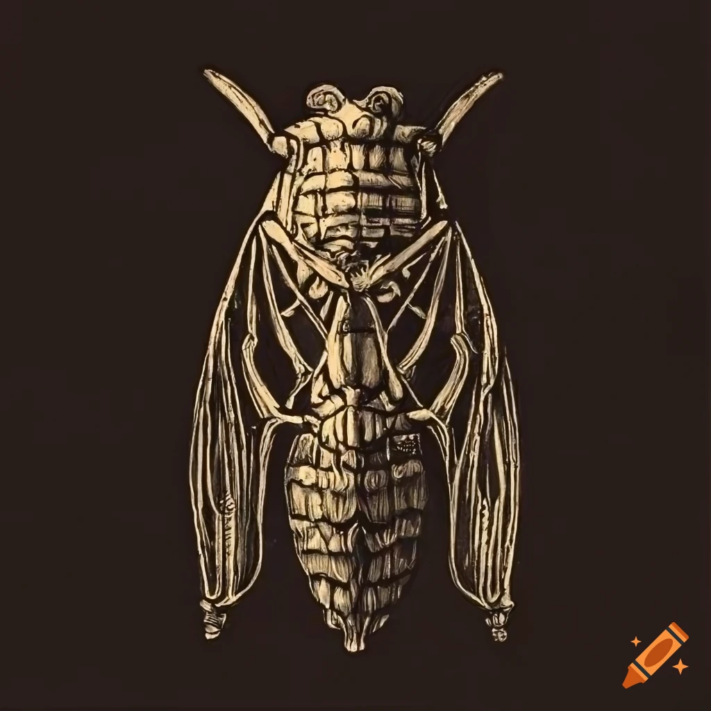 Whimsical Cicada against a dark backdrop in 15th-century German printmaking style