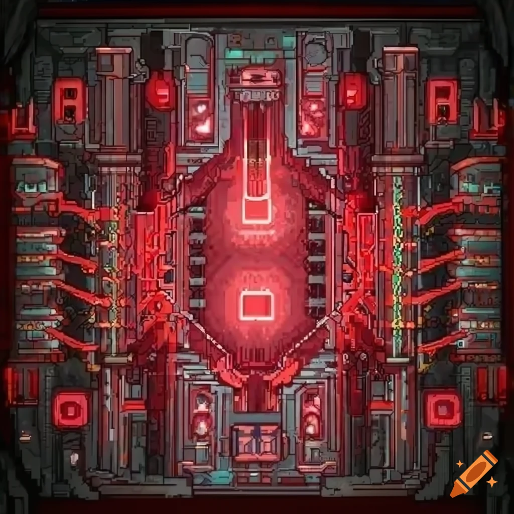 Front view of a steampunk-style spaceship with red neon sprites for video game
