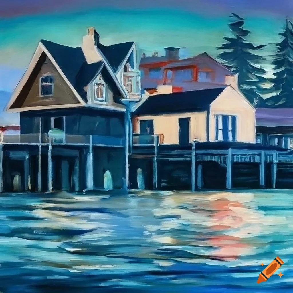 Intricate iridescent seaside town painting in navy blue and tan colors