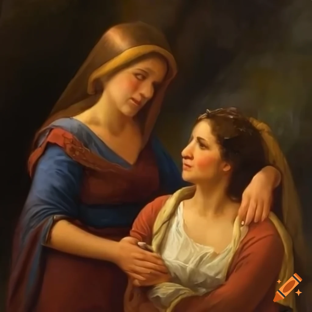 Oil painting depicting the Good Samaritan story with female characters