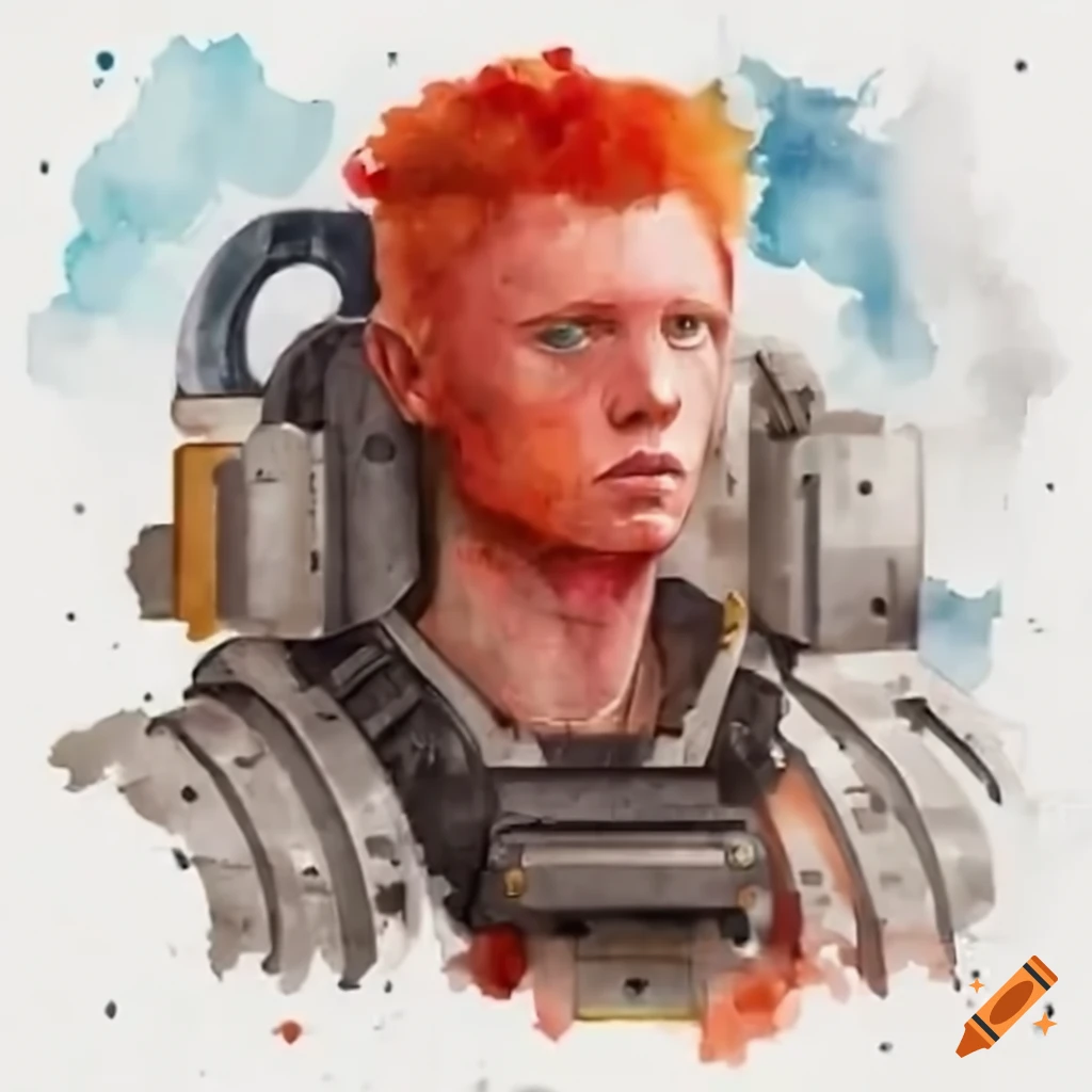 Red-haired futuristic soldier in front of metallic machinery
