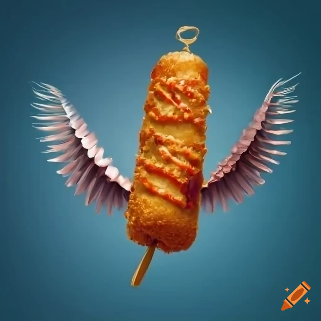 Fried corndog with feathered wings flying in the air