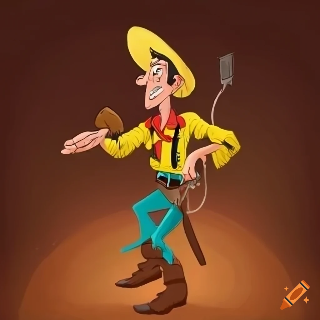 Lucky Luke riding towards the sunset in a cartoon style
