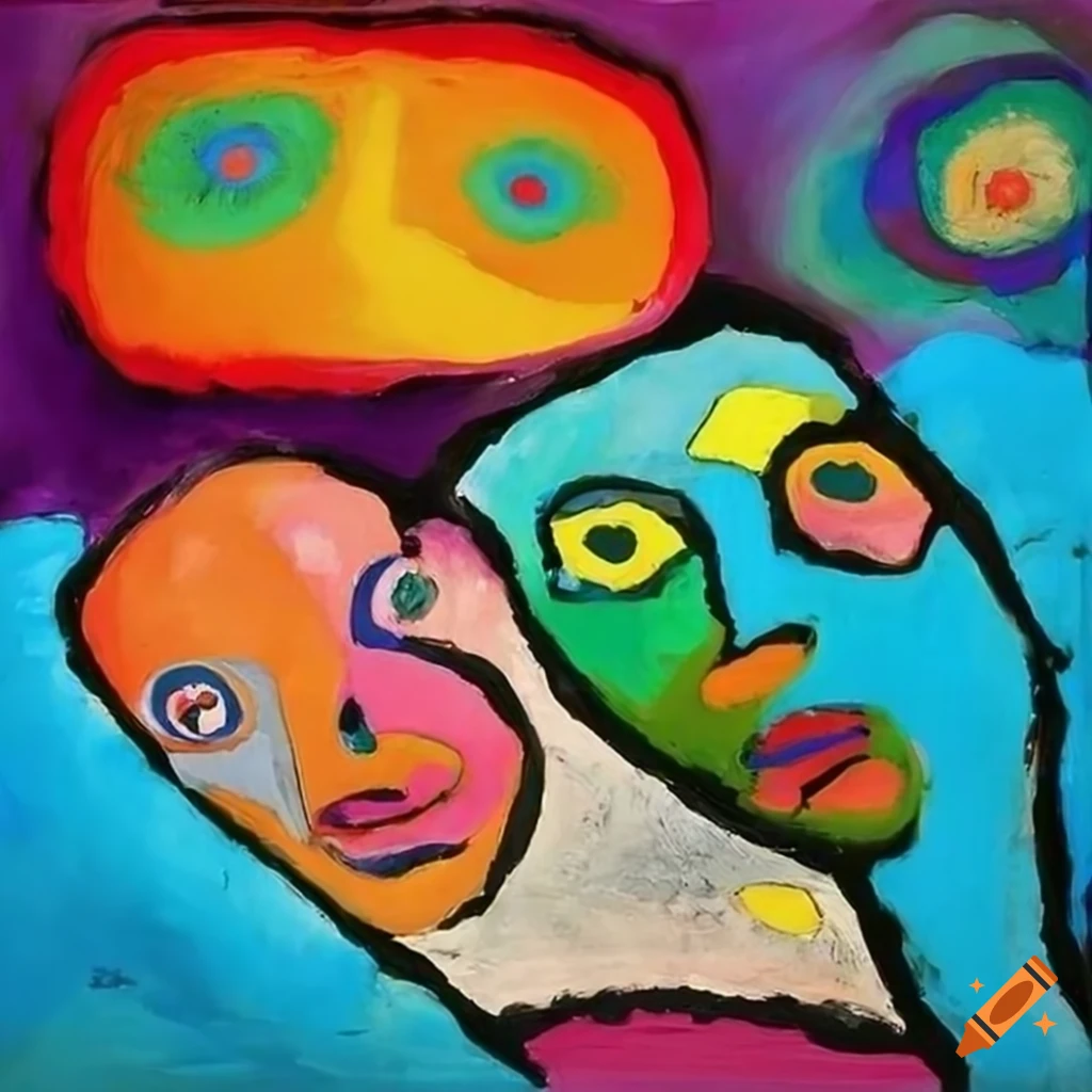 Vibrant colorful painting of a man and woman in bed by Kandinsky and Karel Appel