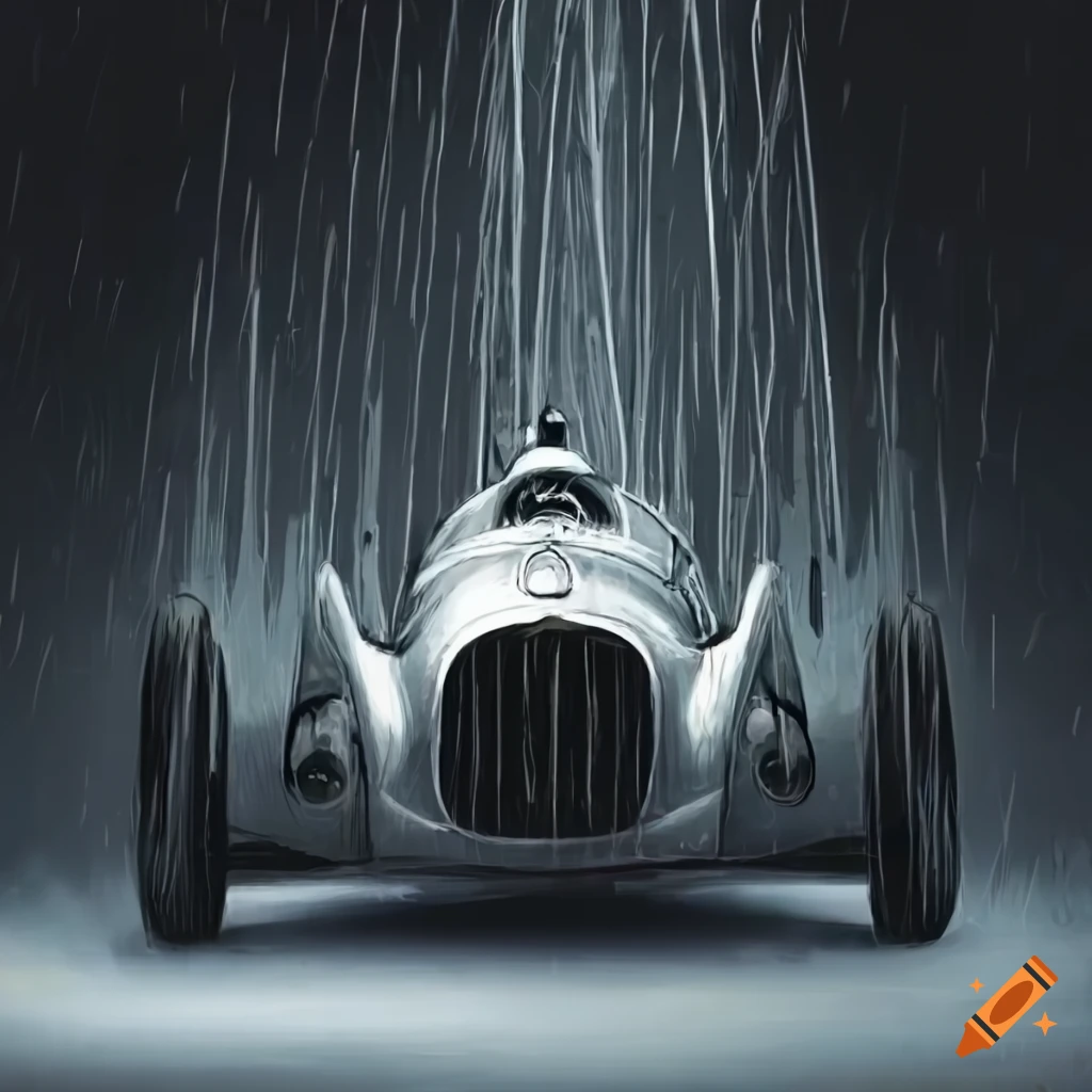 Vintage Mercedes Silver Arrow in a Grand Prix racing scene with rain shower