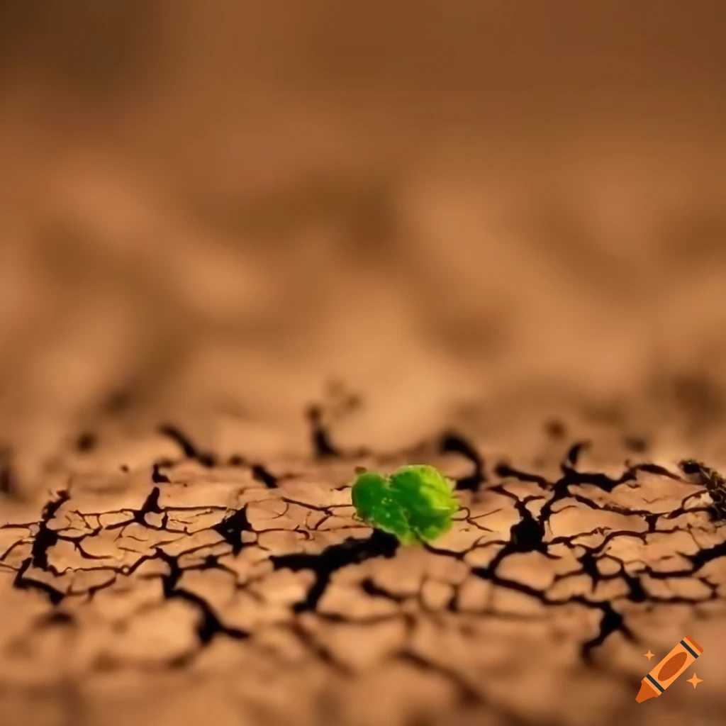 Tiny sprout emerging from cracked soil under the sun