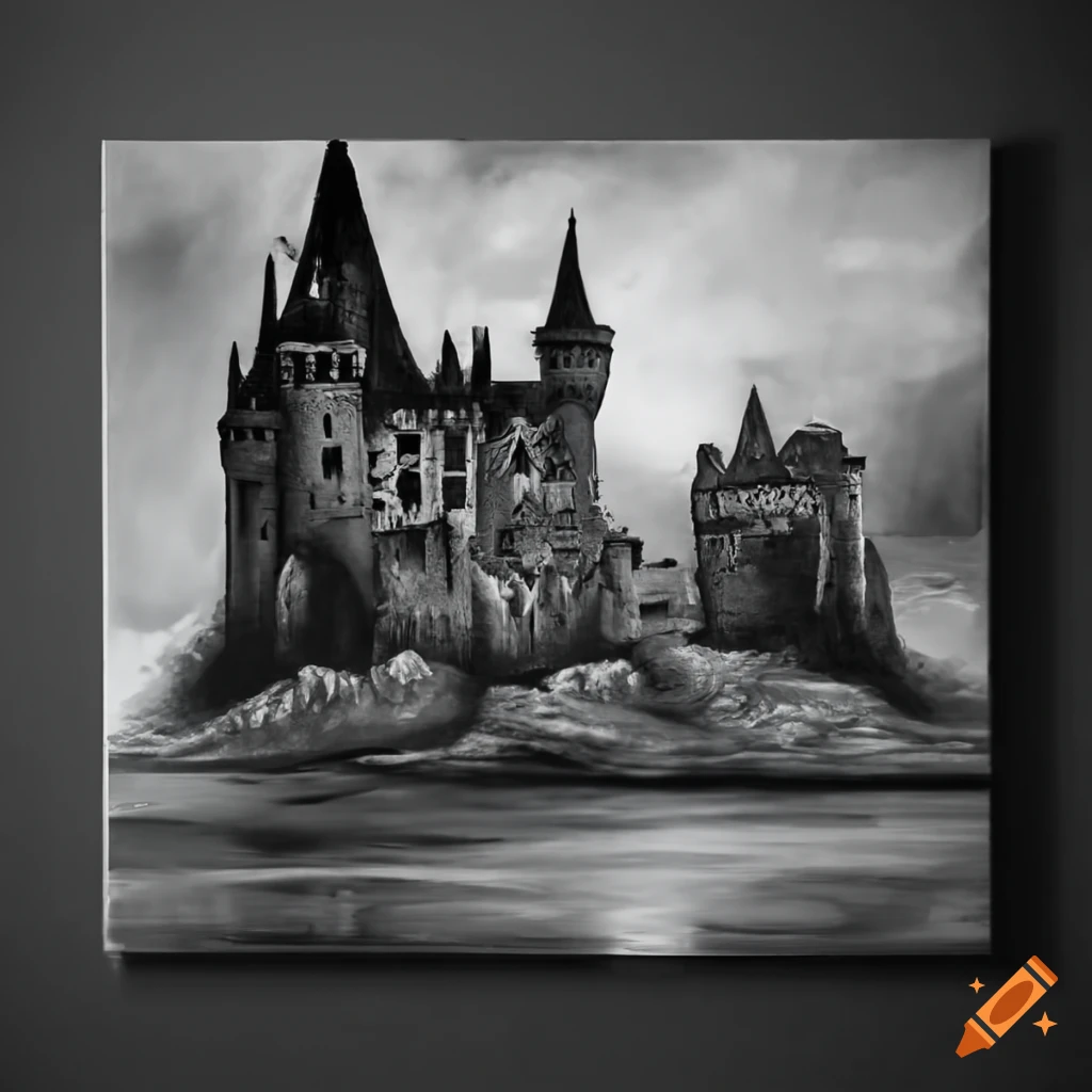 A castle with a dragon in black and white