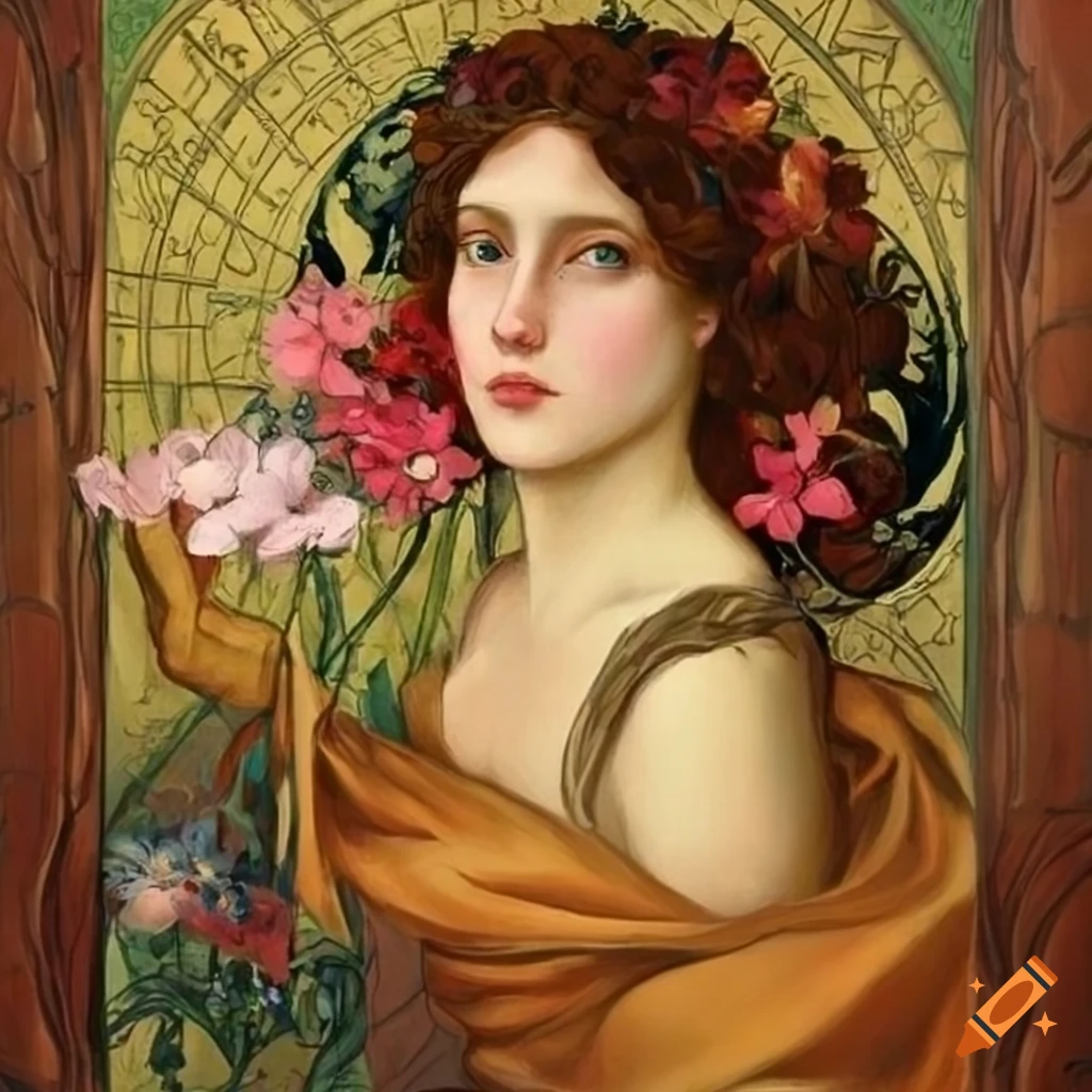 Art-nouveau painting of a woman with colorful Bach flowers