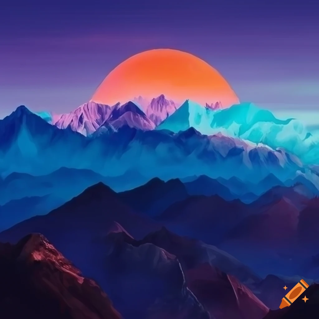 Realistic drawn orange, purple, and blue mountain desktop wallpaper