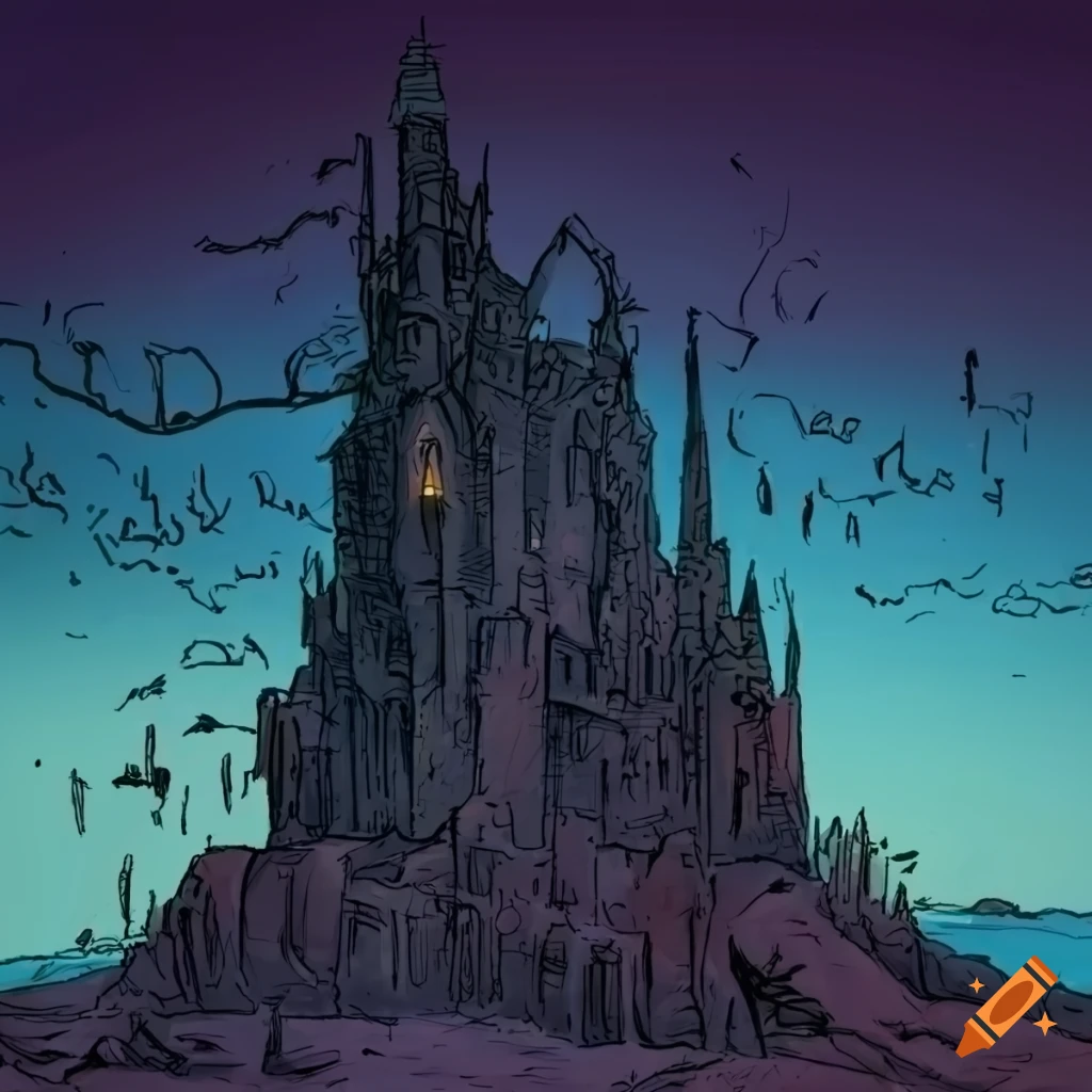 Dark and gloomy castle in the style of Moebius