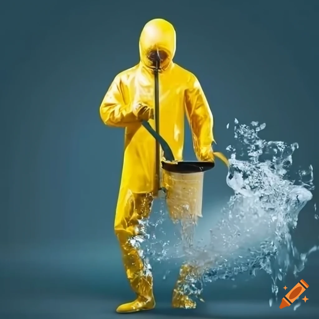 Man in yellow rubber suit at a crime scene spilling water