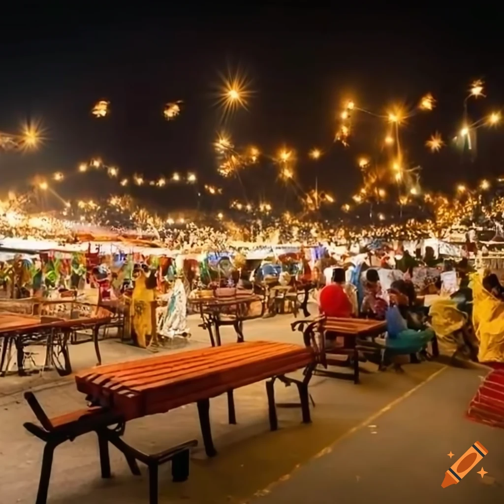 Bustling outdoor chaupati with vibrant food trucks serving traditional Indian street foods
