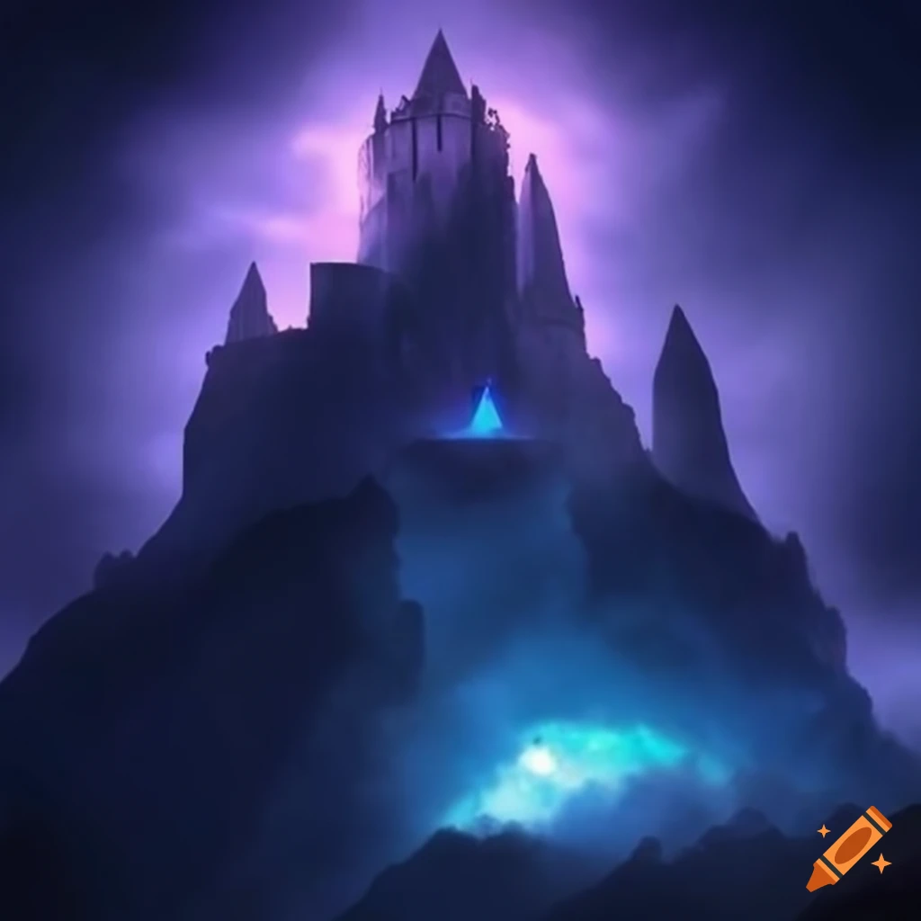 Ancient castle enveloped in clouds with a mystical glowing gemstone