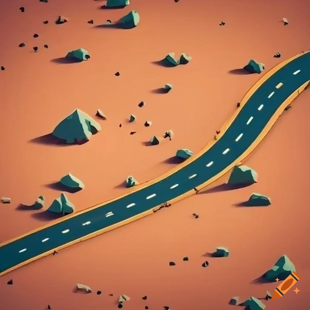 Detailed isometric perspective of a sandy desert with a highway