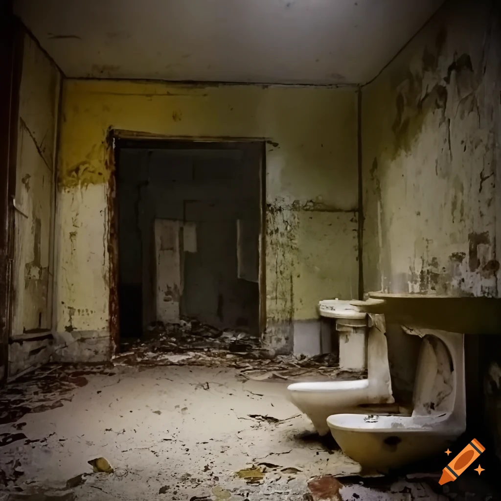 Abandoned 1940s institutional bathroom with filthy toilets and insects, cracked walls and broken windows at night
