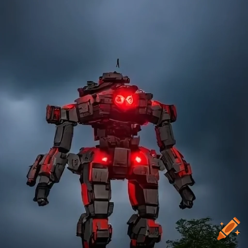 Giant mech with glowing red eye in stormy sky