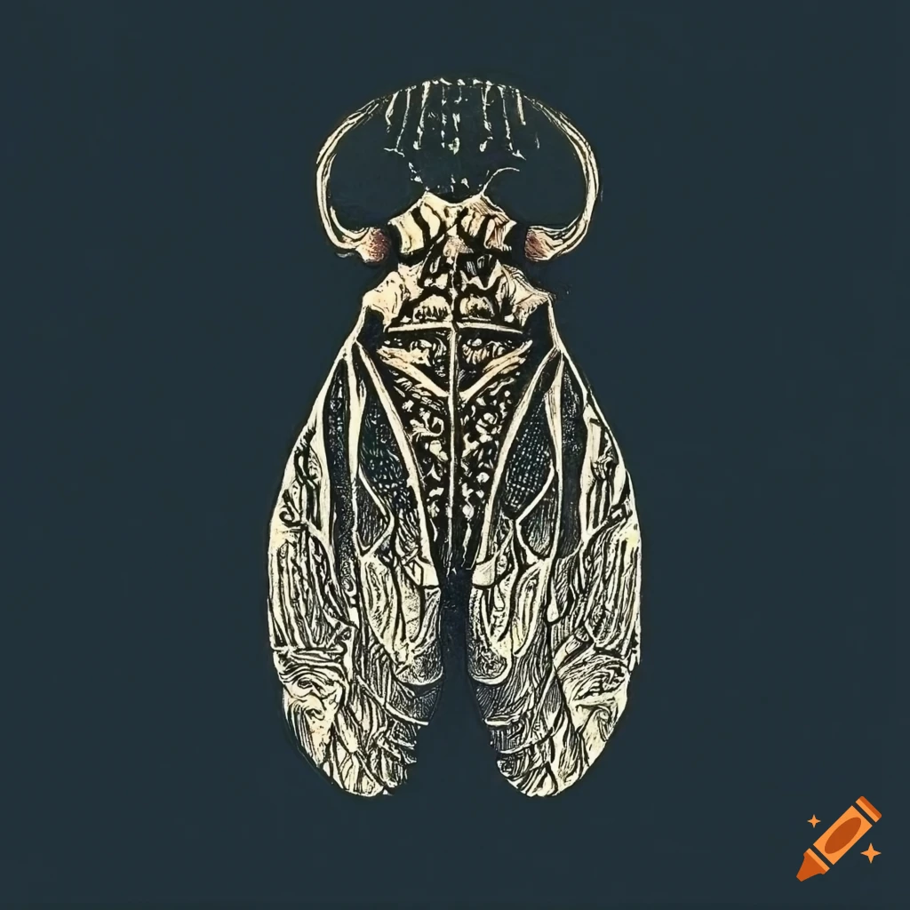 Whimsical Cicada in 15th-century German printmaking style against a dark backdrop
