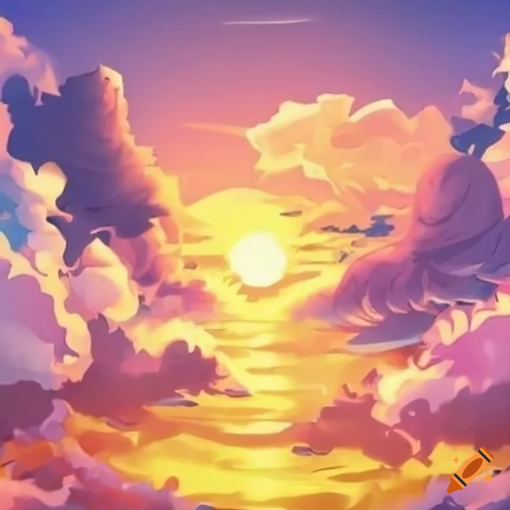 Bright yellow sun in the sky above the clouds in an anime style