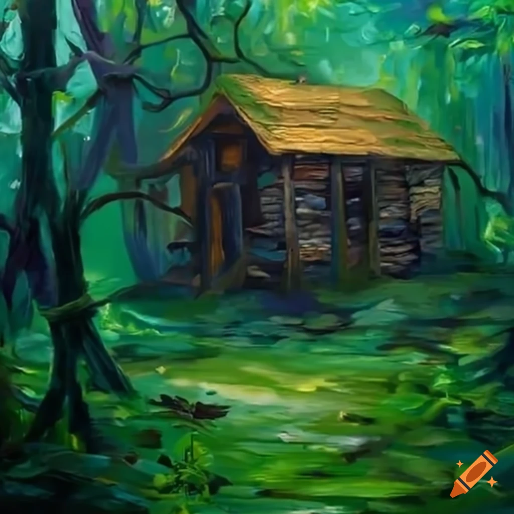 Shack with living vines in a forest video game scene