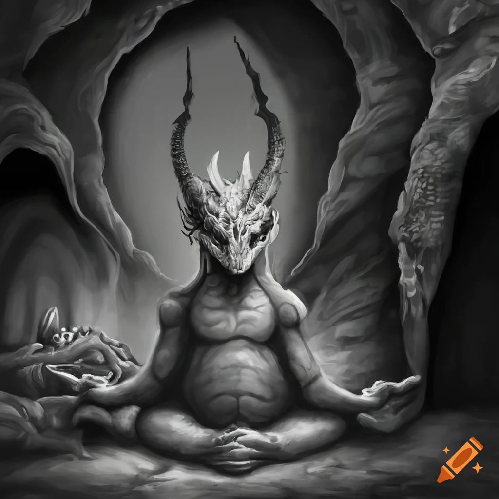 Red dragon meditating in a dark cave in grayscale
