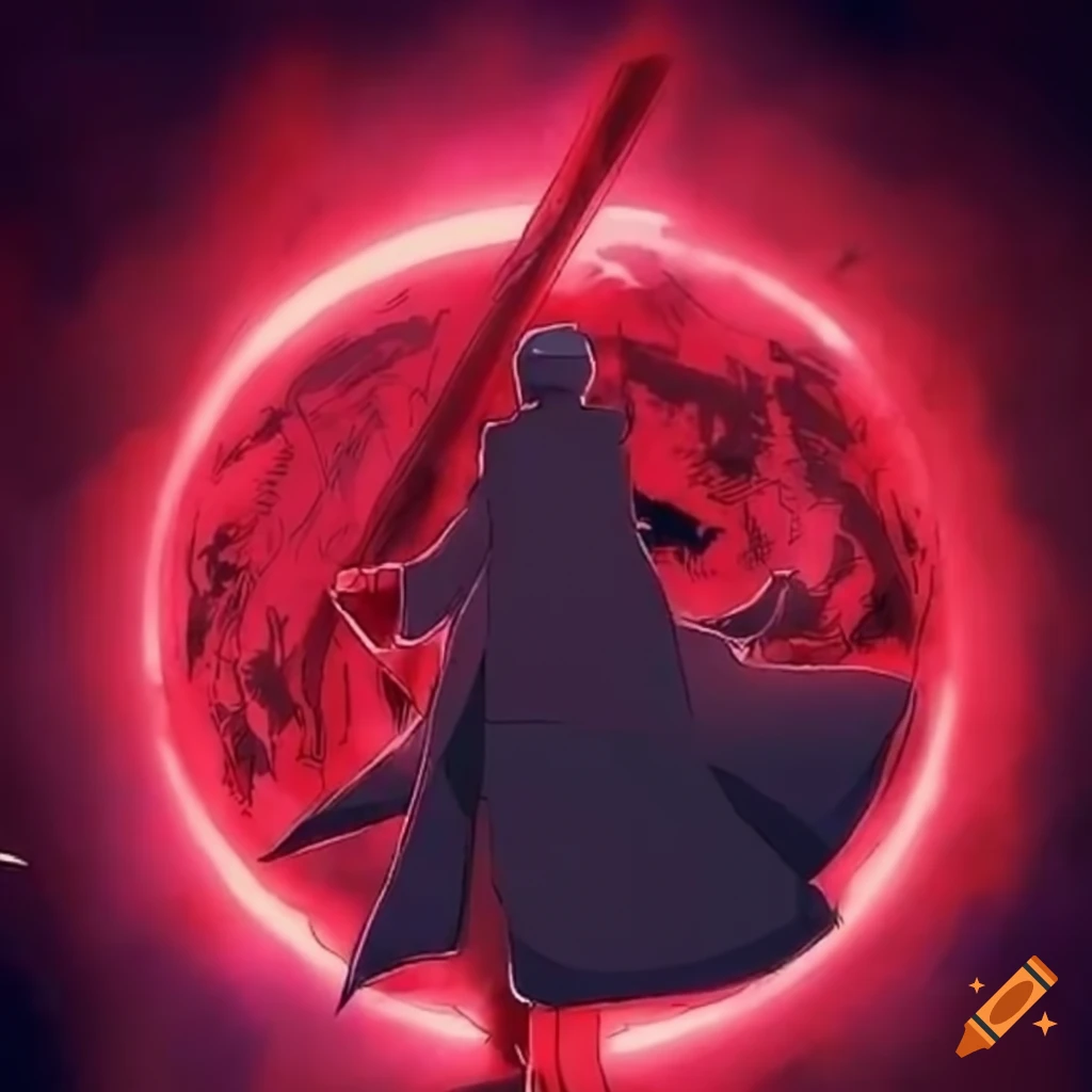 Itachi Uchiha with crimson aura and Kurama standing before him