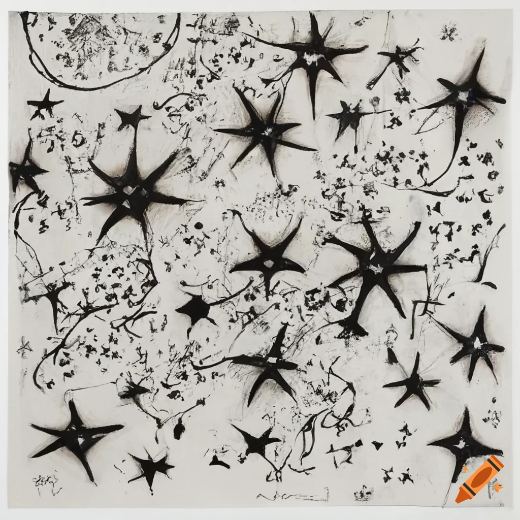 Monochromatic drawing of celestial stars and flowers by Cy Twombly