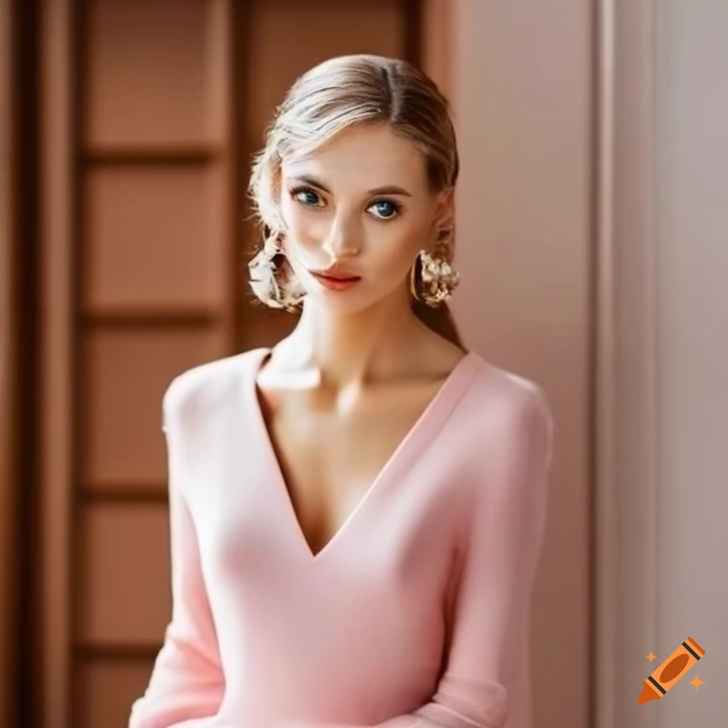 Elegant bride in chic pink v-neck sweater dress at a modern courthouse