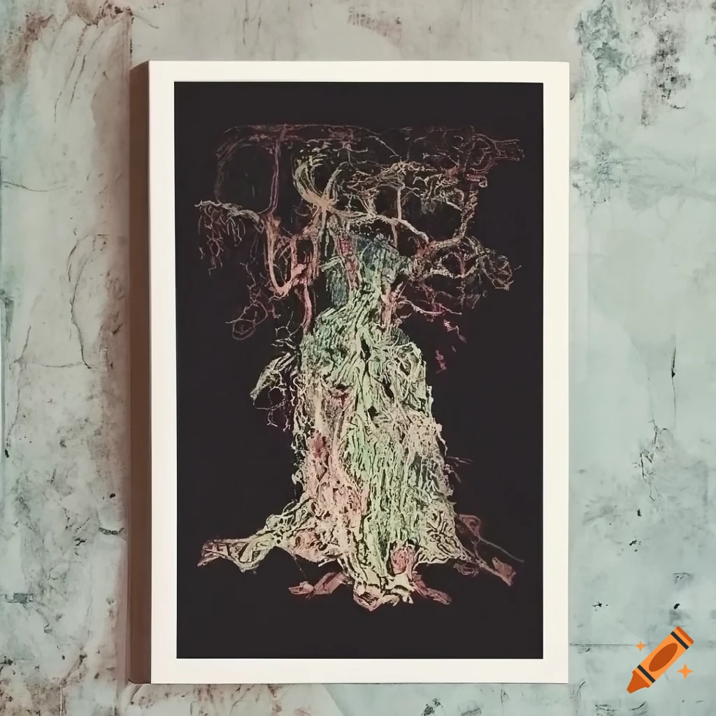 Minimalistic artwork of tree roots with colorful elements