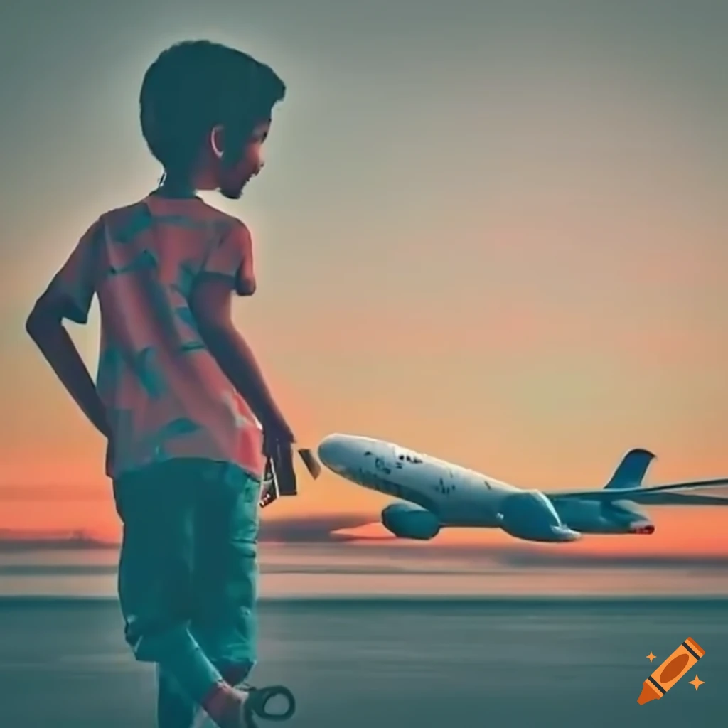 Boy and airplane at the airport for a travel video thumbnail