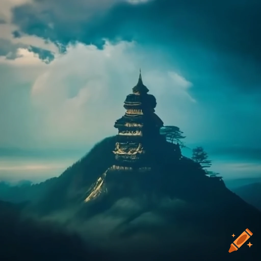 Old temple at the top of a mountain among the clouds
