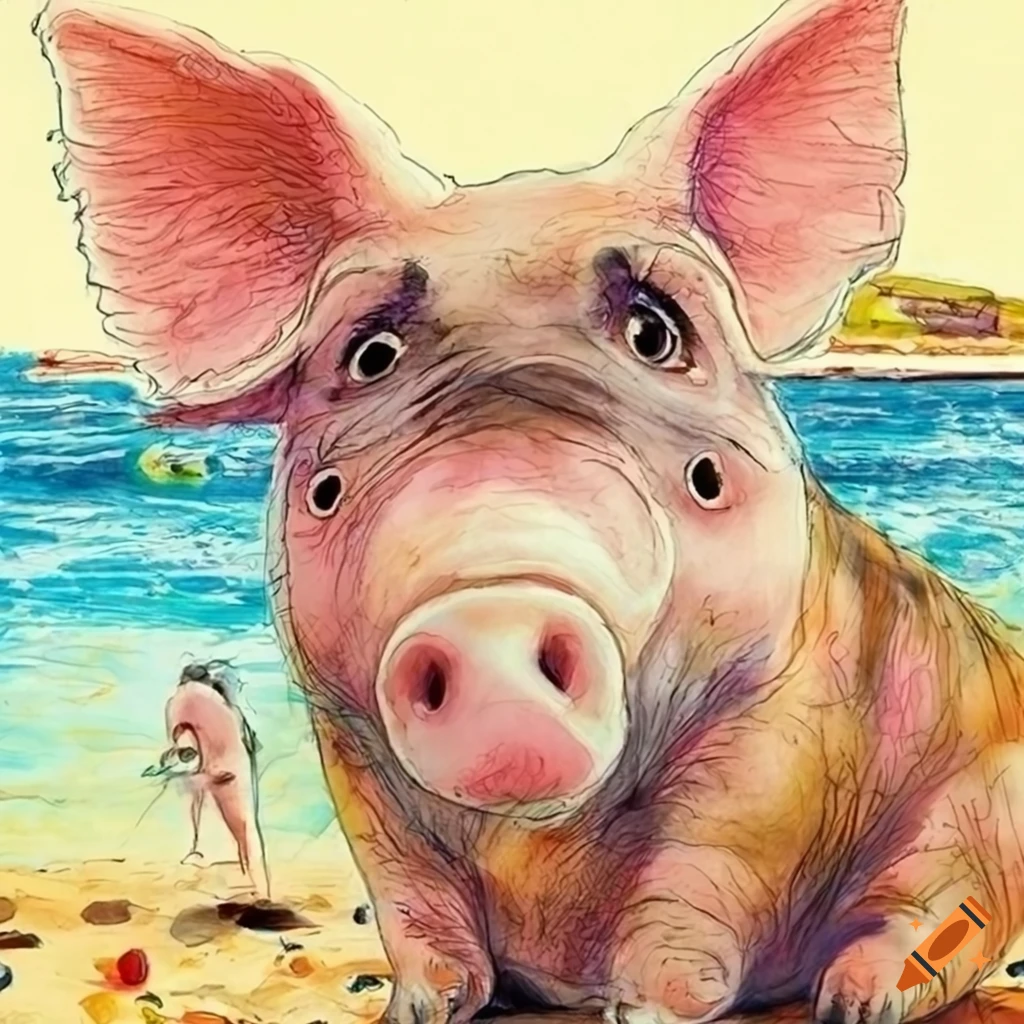 Busy beachfront poolside in Costa del Sol with tourists in Ralph Steadman style