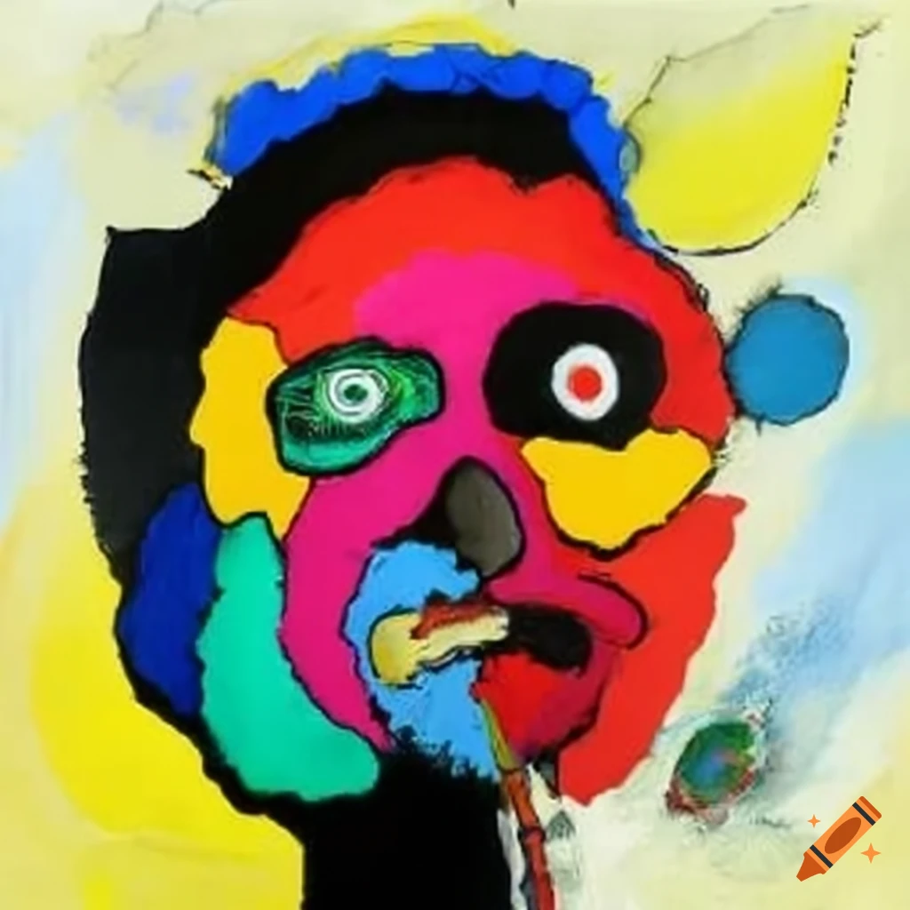 Vibrant colorful painting of a man with injury by Kandinsky and Karel Appel