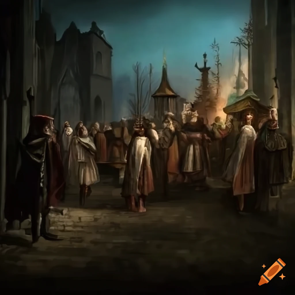 Medieval funeral procession in a realistic fantasy style