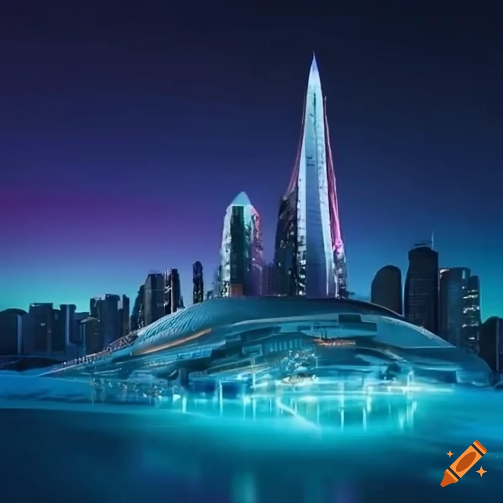 Futuristic Arctic metropolis with neon-lit houses, polar bears, and Northern Lights