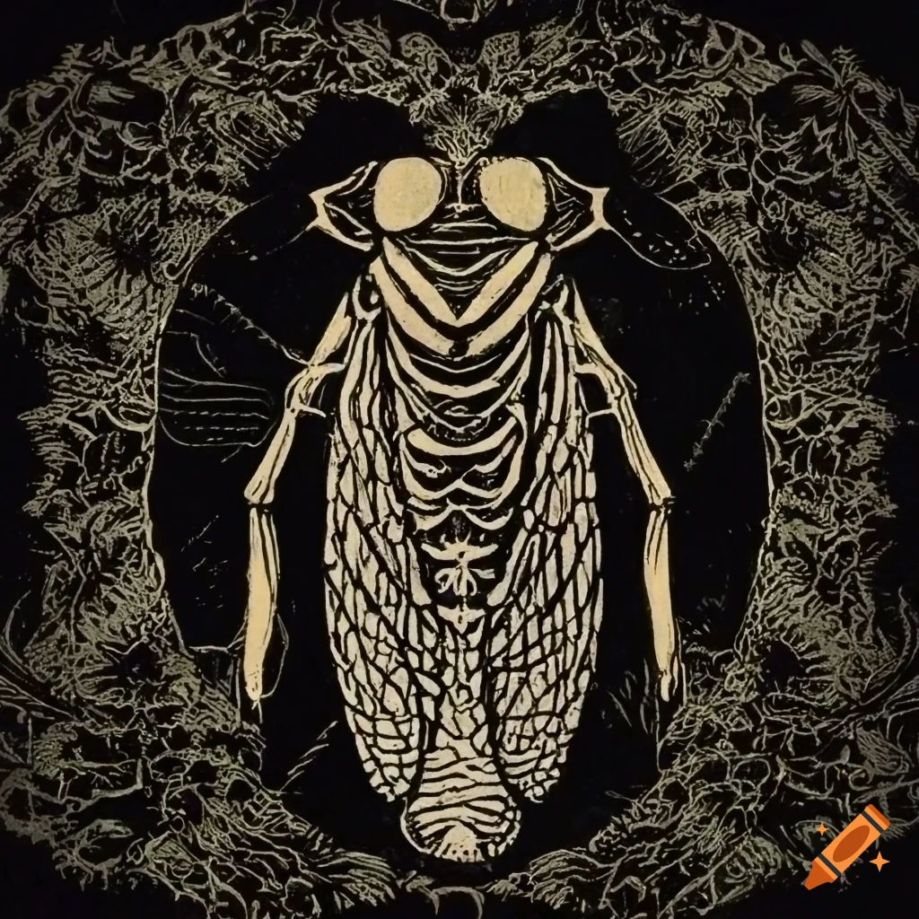 Whimsical Cicada hanging on dark backdrop with 15th-century German printmaking style