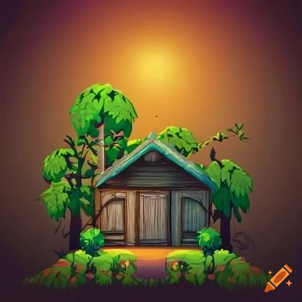 Shack with living vines in a forest video game scene
