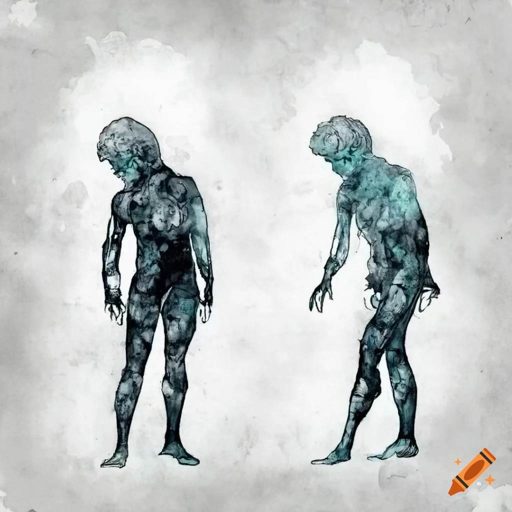Young male cyborg in white high-tech bodysuit with light cyan hair in ethereal watercolor