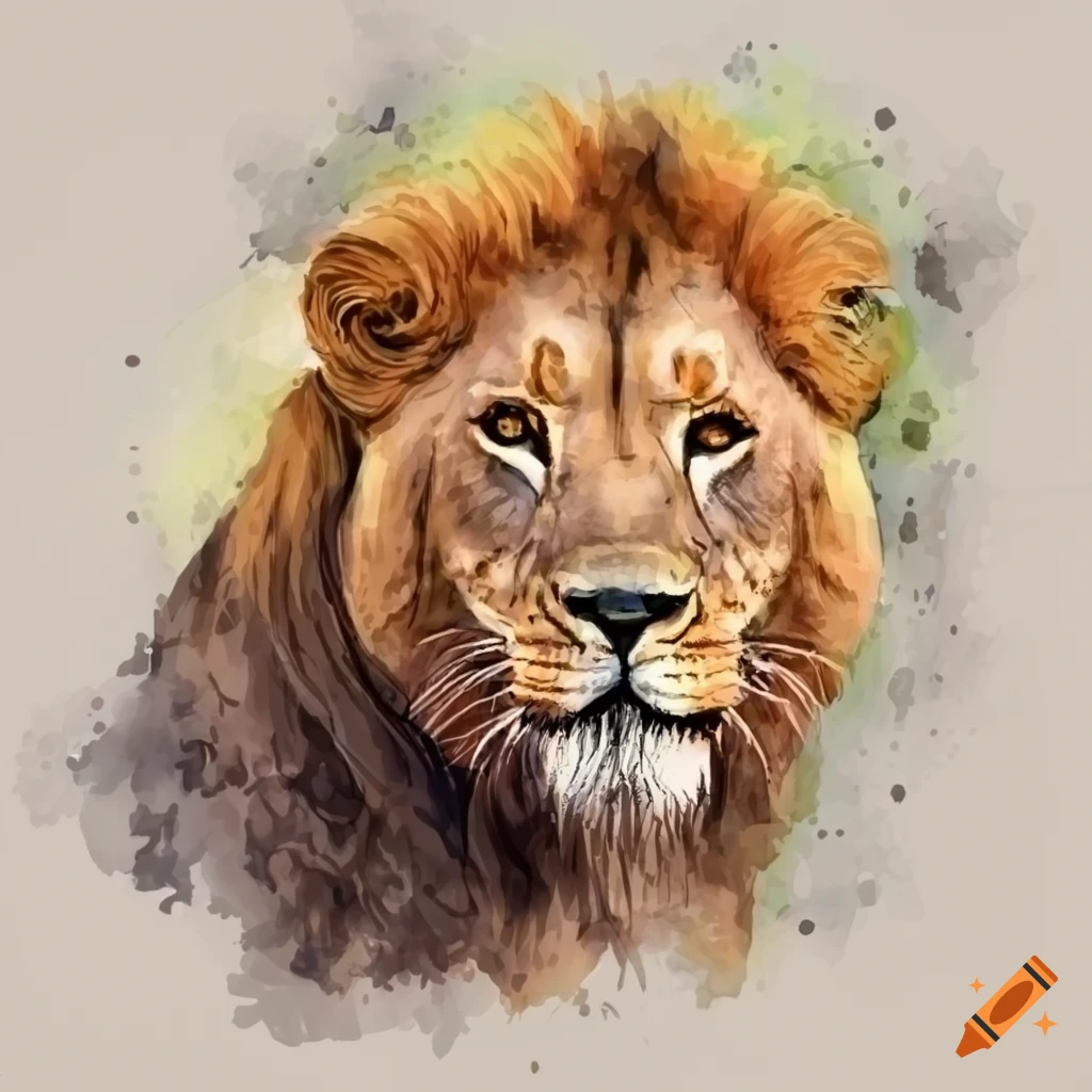 Lion in savannah with watercolor background