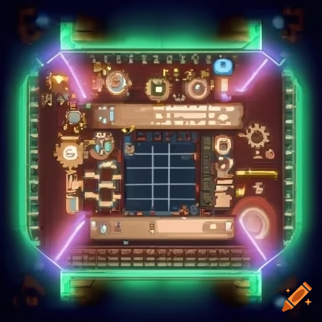 Spaceship with neon lights in front view with steampunk style sprites