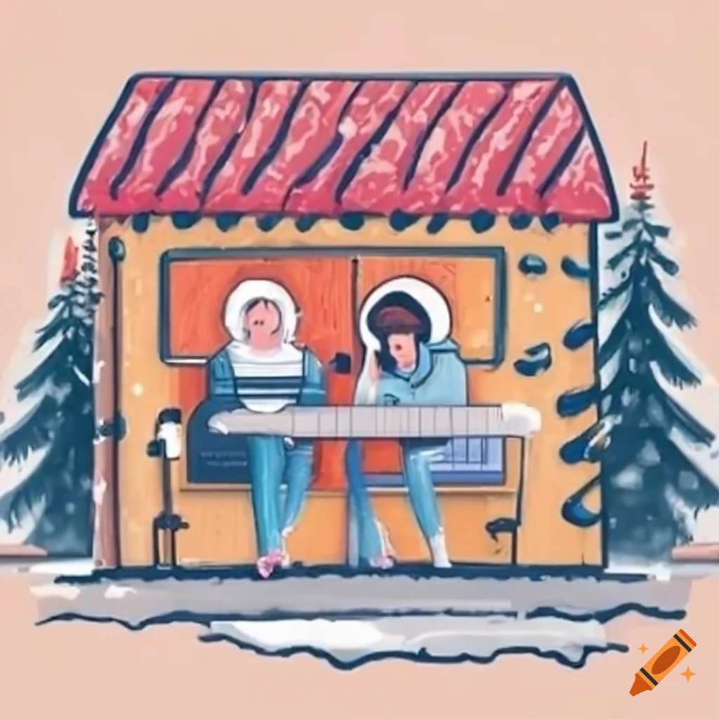 Two collaborators podcasting in front of a cozy cabin during a snowstorm